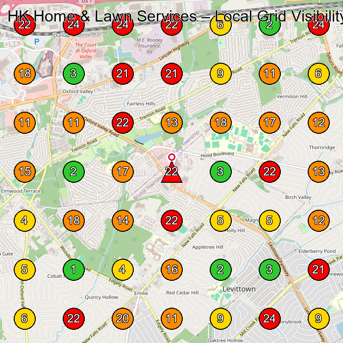 HK Home & Lawn Services Lawn Care Service GeoGrid ranking map for Fairless Hills PA